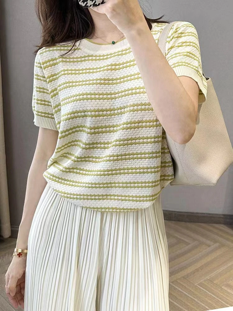 冰丝短袖条纹T恤2024薄款夏季宽松洋气针织圆领新款通勤上衣显瘦