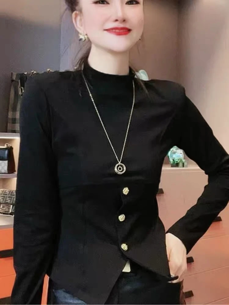 8102款秋冬新款韩版修身高领纽扣打底衫