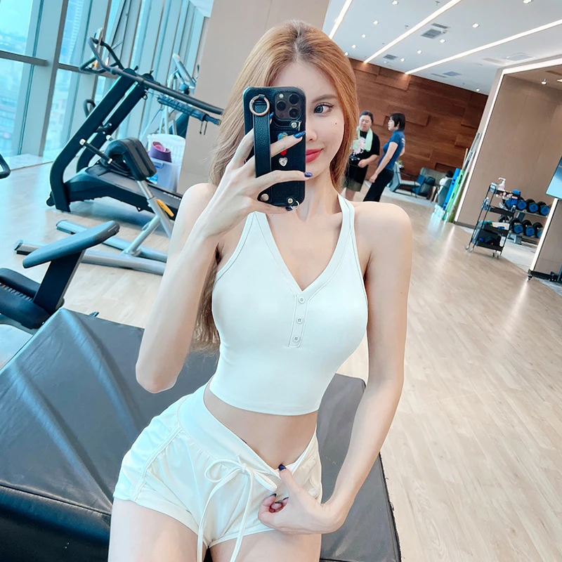 JIA YUN V领运动背心固定胸垫外穿性感交叉美背瑜伽服健身背心女