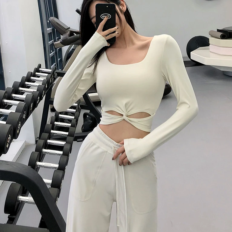 伽运秋冬新款瑜伽健身上衣女 固定杯美背运动普拉提瑜伽服长袖t恤