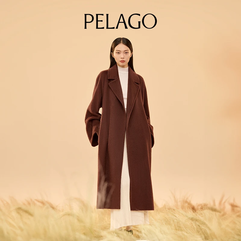 PELAGO佩拉戈高端驼绒呢立体剪裁时尚长款女士休闲系带手缝大衣