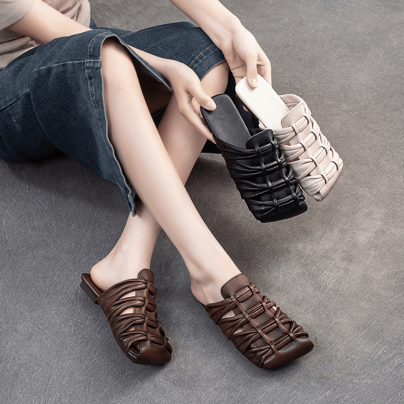 专柜珍品2024夏季新款透气包头编织平底拖鞋气质外穿简约复古女鞋