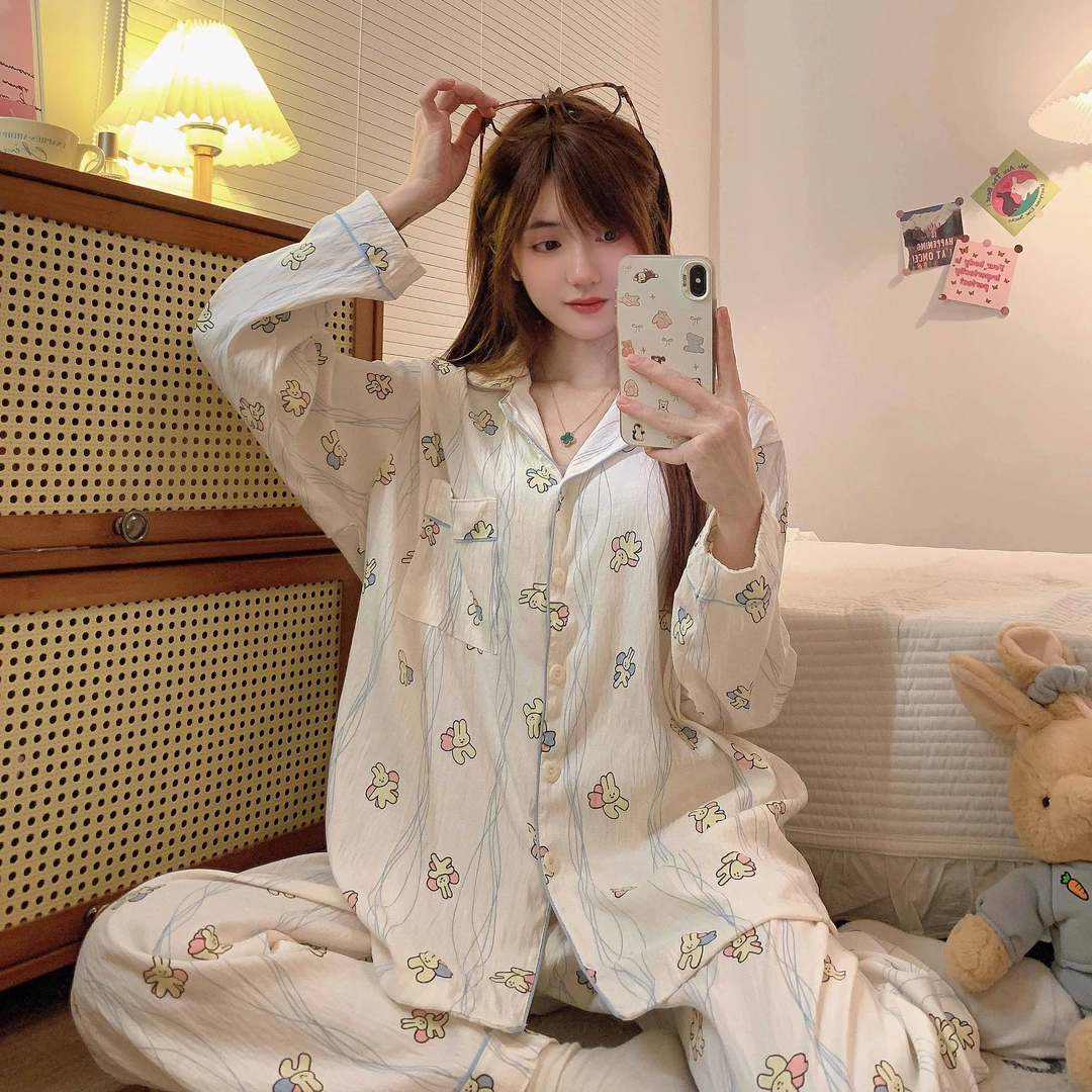 云朵棉秋季2024新款长袖睡衣女宽松甜美胖MM250斤家居服大码套装