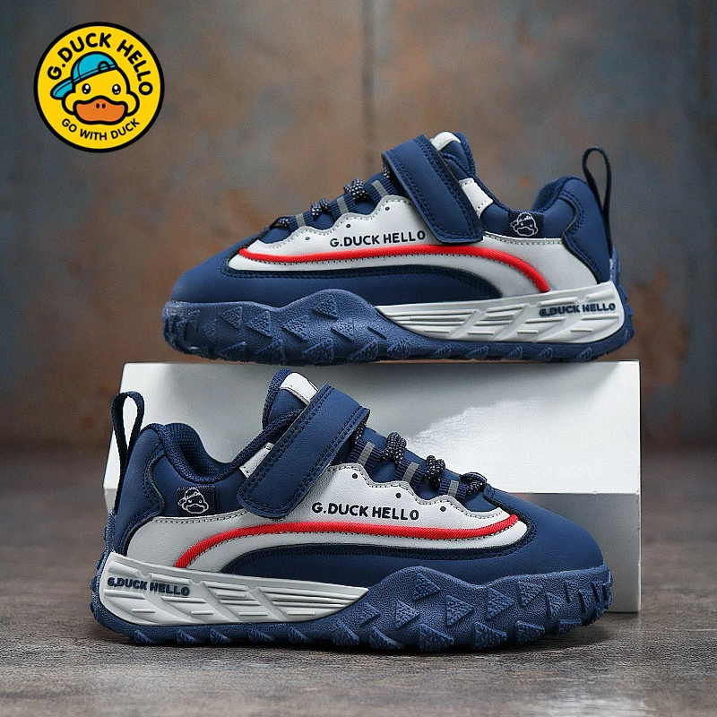 小黄鸭男童皮面运动鞋2025秋冬新款中大童女童潮流百搭防踢面包鞋