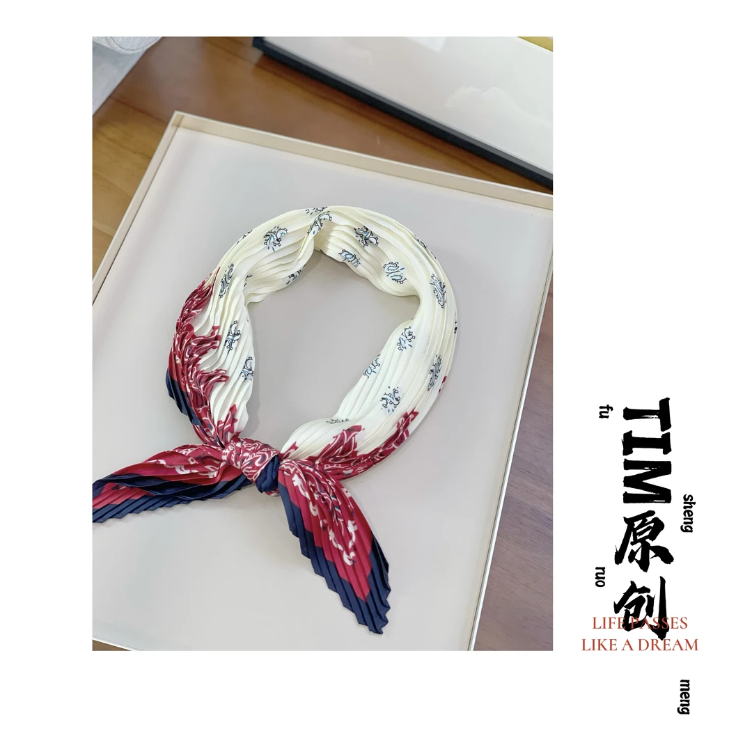 【95*40CM】褶皱飘带领巾 菱形印花小丝巾