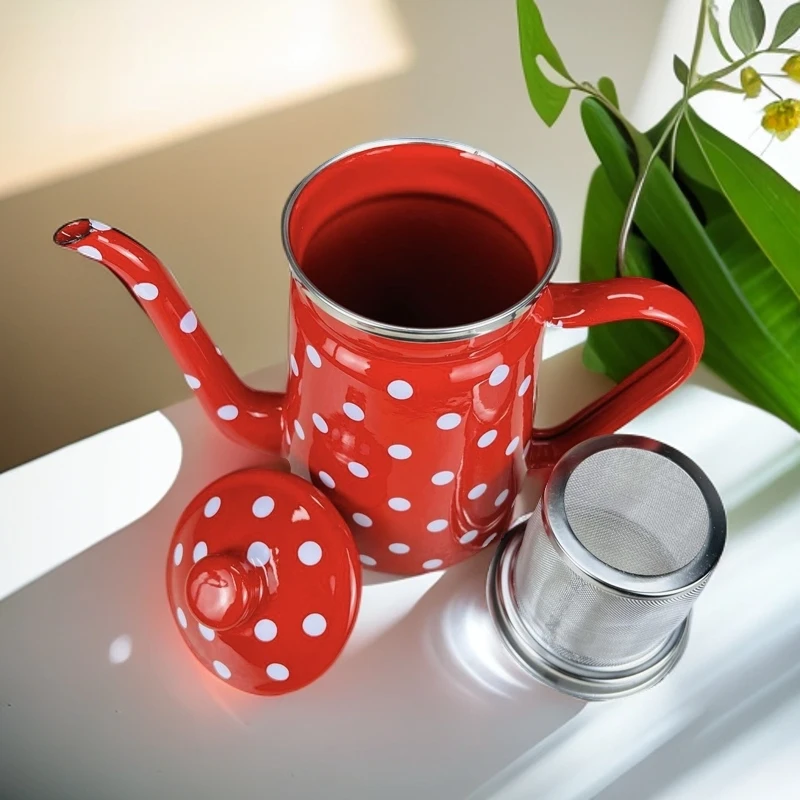 新疆包邮【1.2L红白点咖啡壶】带落网带手把带盖子家用茶壶漂亮