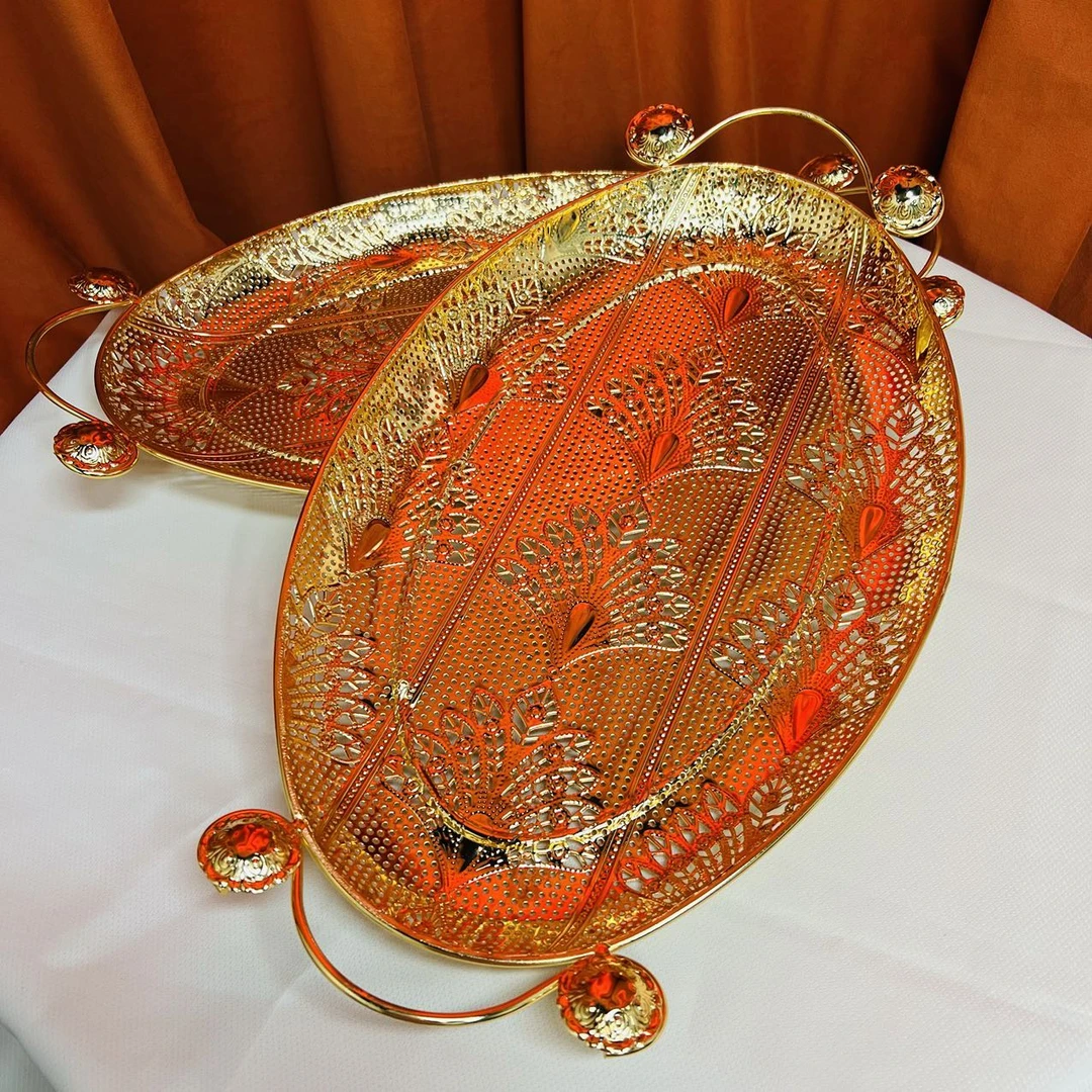 新疆包邮【椭圆形托盘】镂空轻奢复古创意家用金色隔热椭圆形