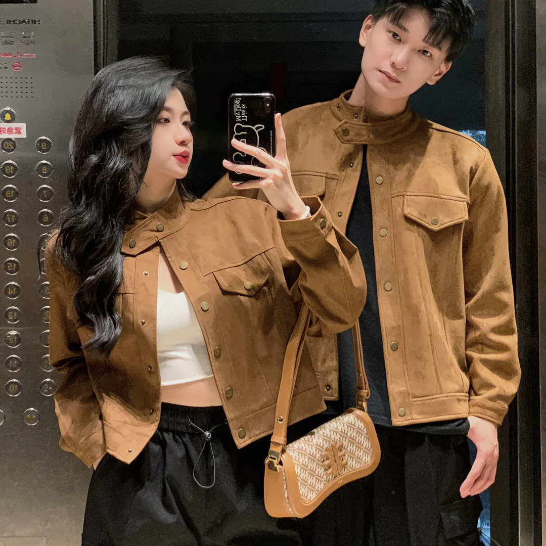 情侣装秋冬美拉德穿搭立领洋气外套女高级感复古甜辣宽松机车外套