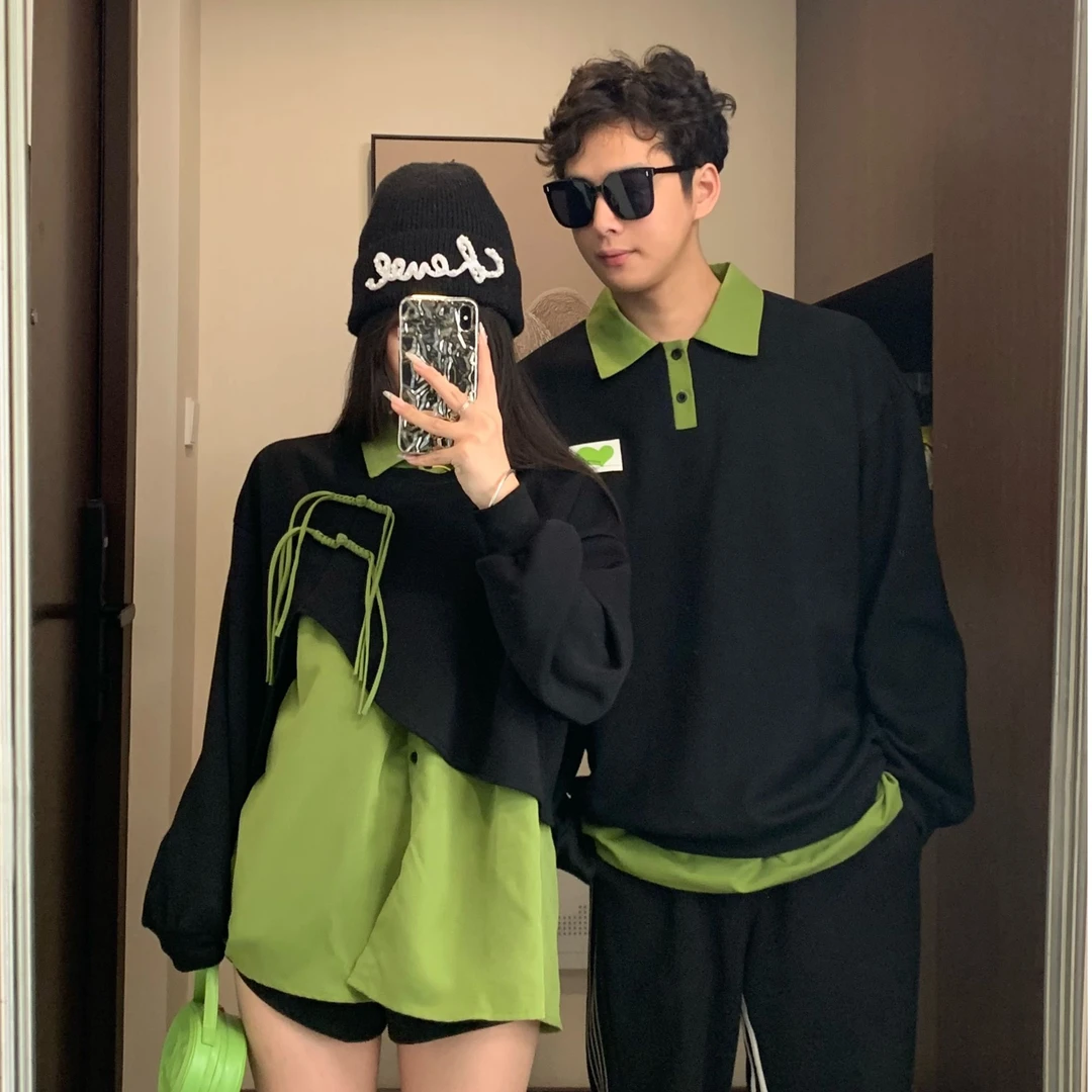 情侣装春秋季小众设计感宽休显瘦遮肉假两件卫衣拼色上衣潮
