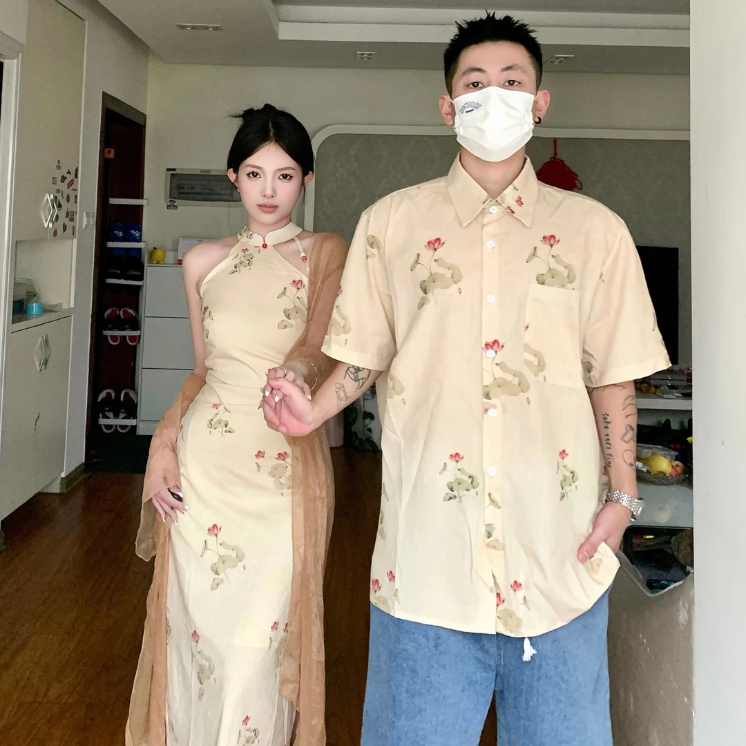 情侣装夏季新款中式国风改良旗袍连衣裙复古印花衬衫一裙一衣