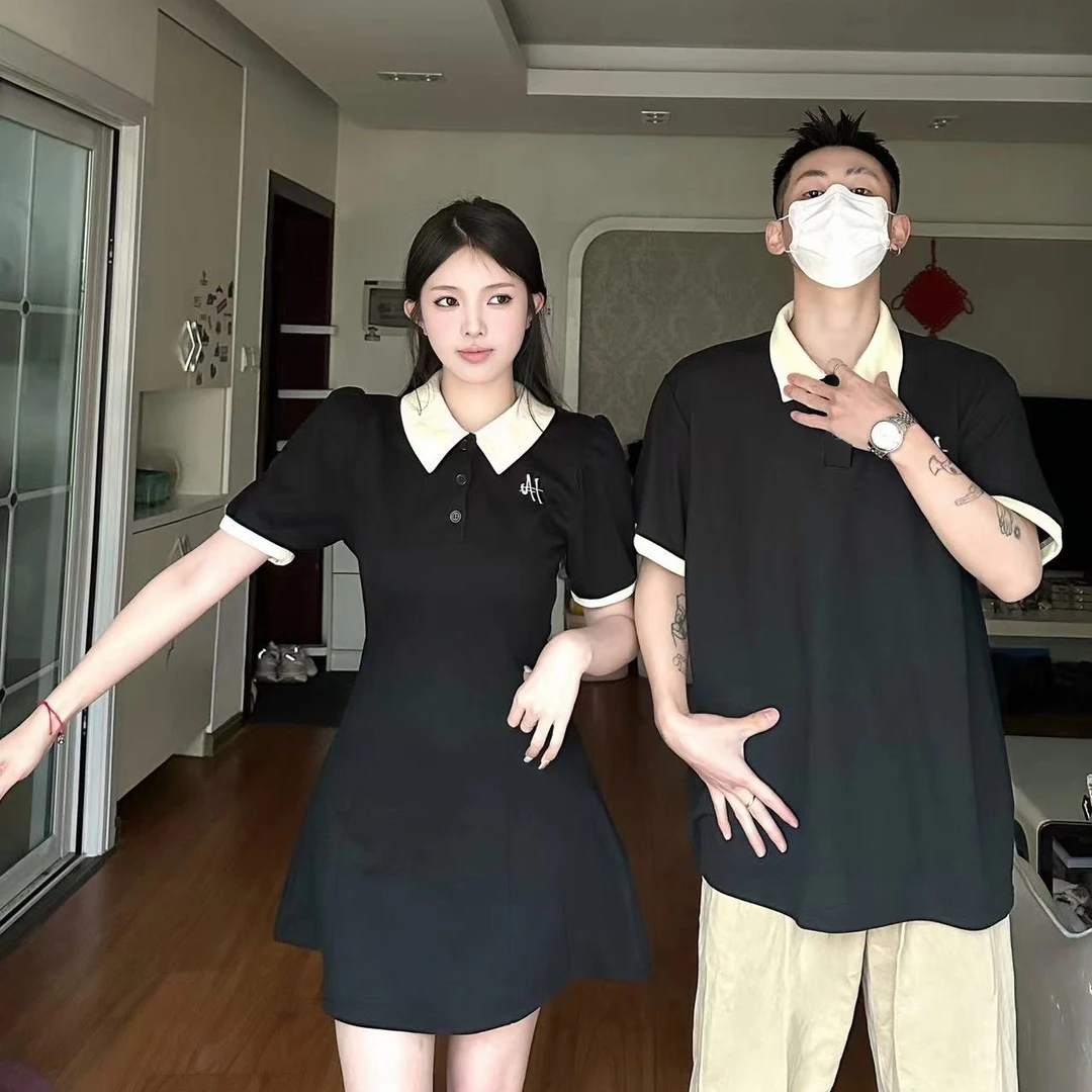 情侣装夏季新款收腰显瘦polo领连衣裙男短袖上衣休闲一裙一衣潮