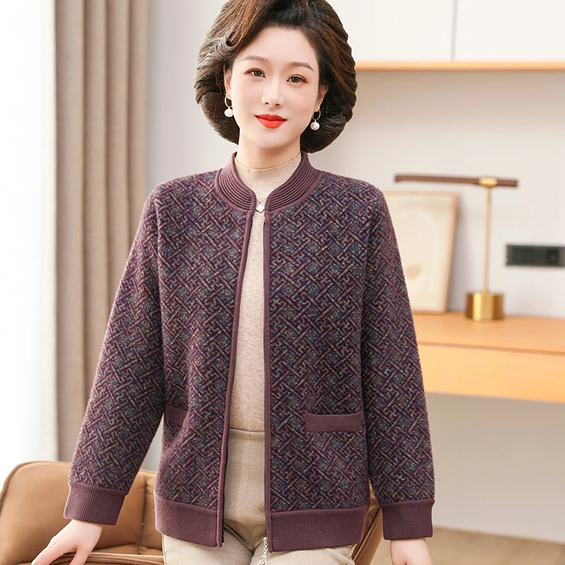 冬季妈妈装新款针织气质中老年大码加绒加厚外套仿水晶绒不起球