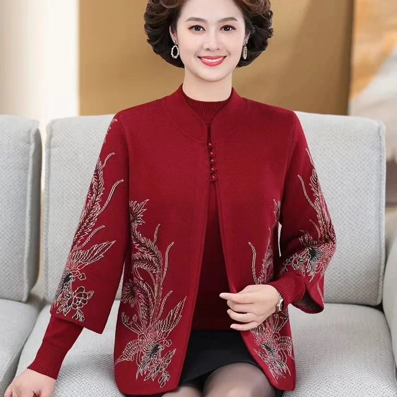 新款中老年时尚洋气大码加厚保暖凤凰图案开衫 两件套 妈妈装