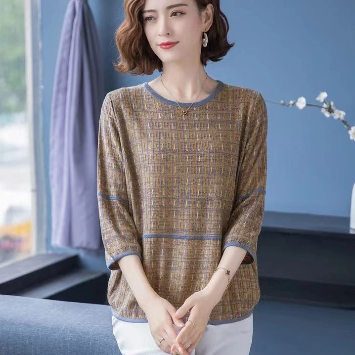 秋款百搭薄款妈妈装时尚洋气显瘦宽松版针织衫气质中年大码圆领