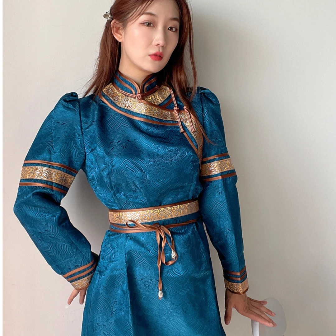 阿依拉-山水纹提花面料百搭女款长袖连衣裙改良新式蒙古服饰传统