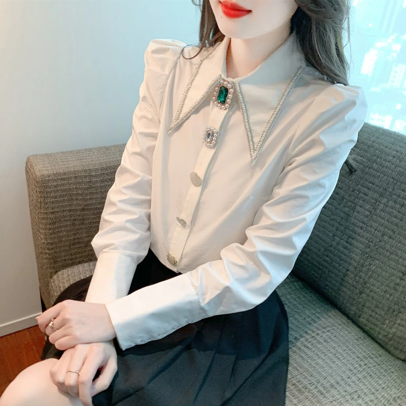 2025春秋气质季新款重工钉珠镶钻衬衫女设计感小众百搭白色上衣