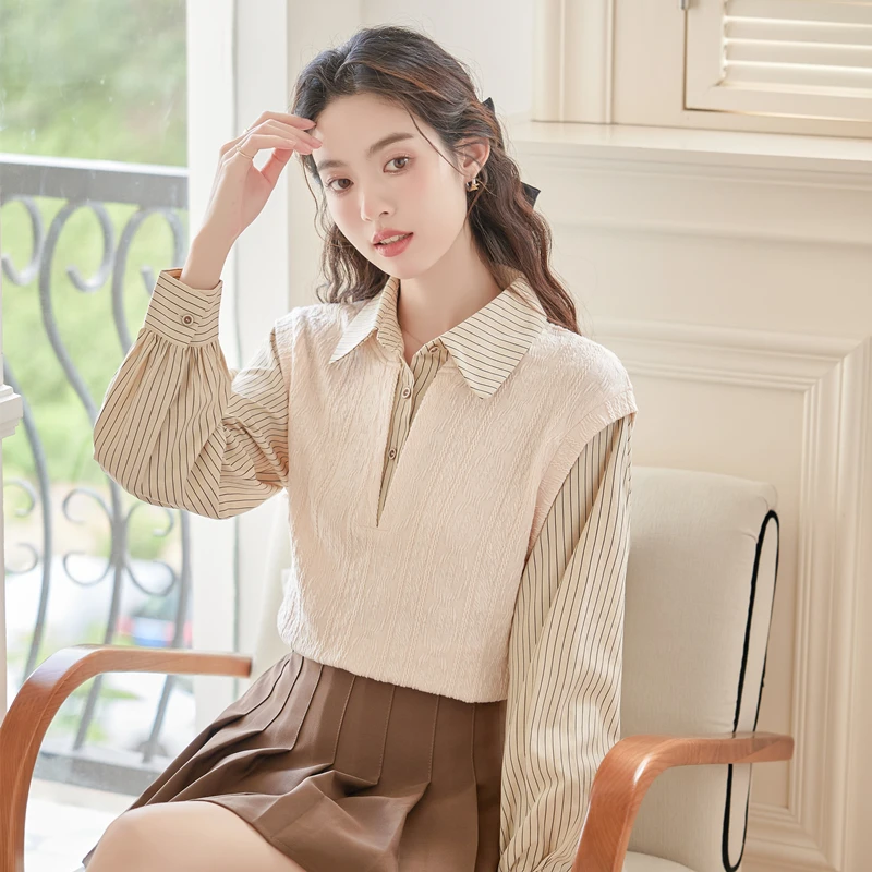 假两件撞色条纹长袖衬衫拼接针织上衣女士衬衣2024秋装新款