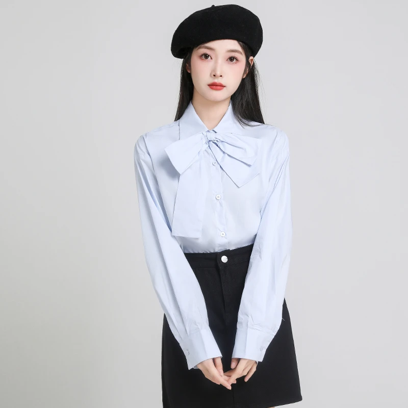 蓝色蝴蝶结系带衬衫女长袖秋季2024新款设计感小众法式小个子上衣