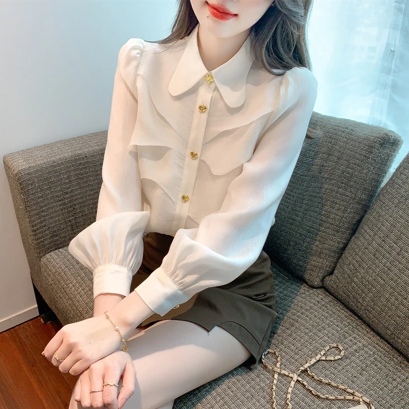 （3728）早秋新款女装娃娃领衬衫2024法式别致长袖上衣女秋装减龄