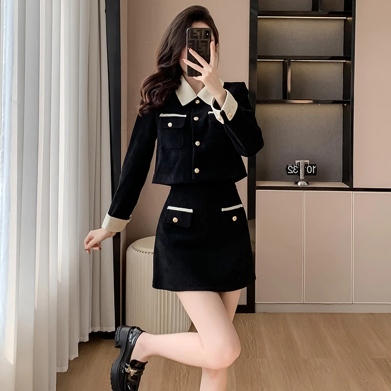 小香风长袖短外套高级感灯芯绒黑色包臀短裙套装女春季洋气两件套