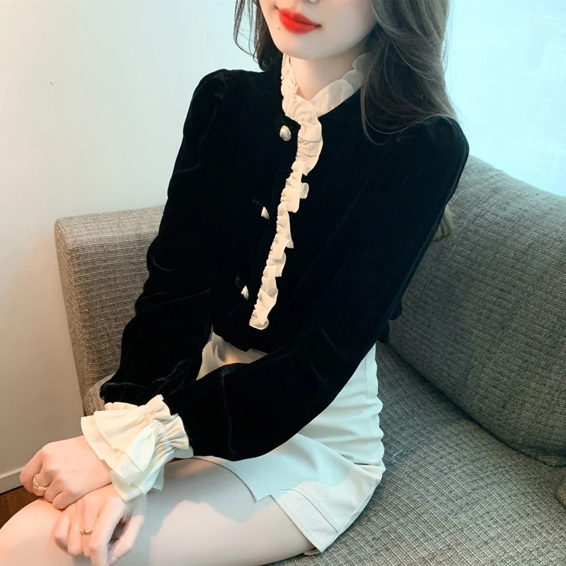 高端金丝绒衬衫女装早秋款2024新款秋装内搭上衣减龄洋气打底小衫