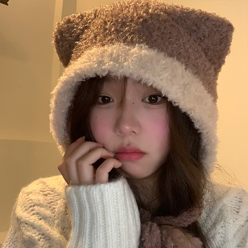 可爱小熊耳朵毛绒帽女秋冬款韩版针织帽拼色大头围护耳保暖帽子潮