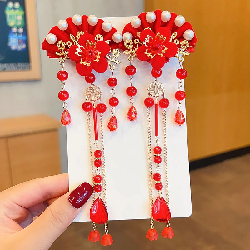 儿童汉服头饰中国风女童古风发夹红色新年发饰流苏过年小女孩发卡