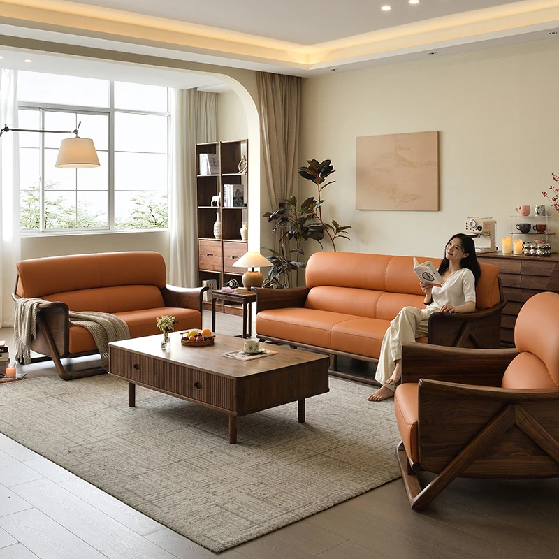北美黑胡桃木实木简约沙发头层真皮全实木客厅意式现代家居沙发