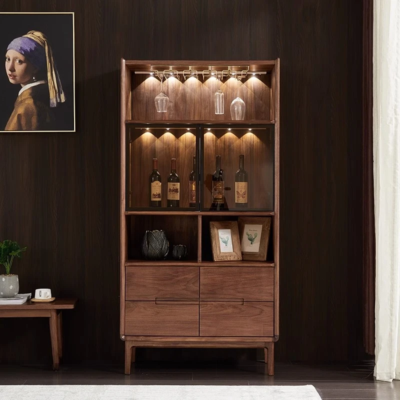 北欧轻奢纯实木酒柜落地立柜现代简约家用黑胡桃木精品红酒展示柜