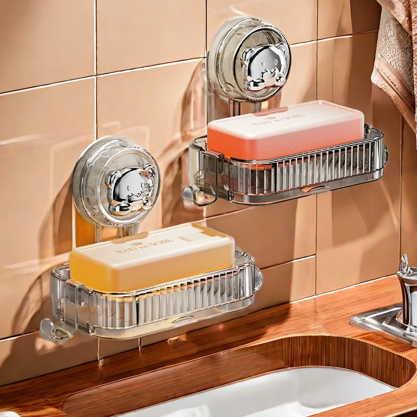 强力吸附香皂架家用免打孔壁挂式浴室墙上双层沥水水晶肥皂盒子