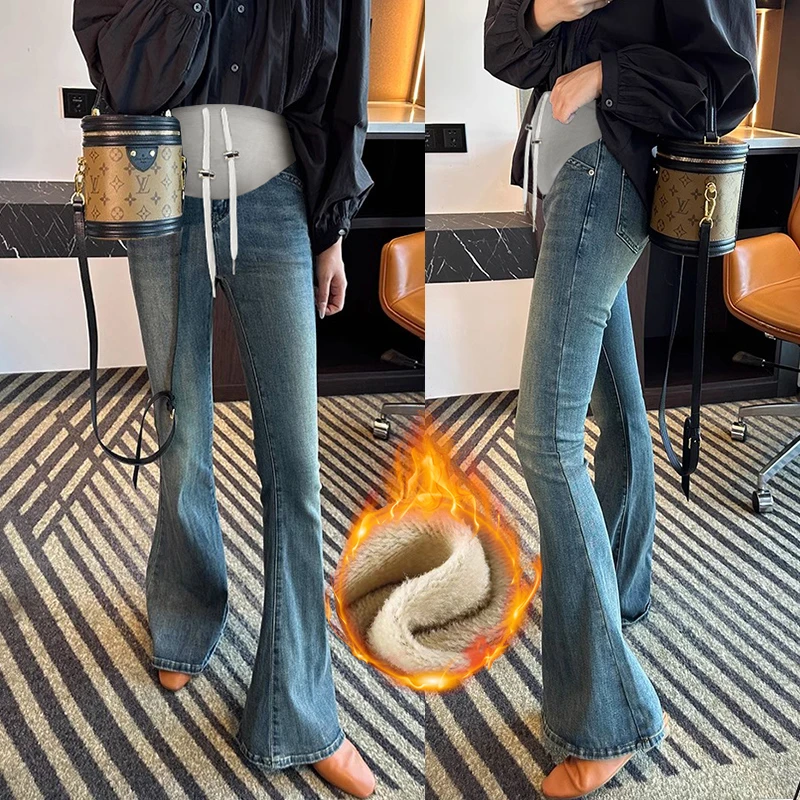 秋冬新款孕妇弹力牛仔喇叭裤外穿时尚托腹显瘦修身孕妇牛仔长裤女