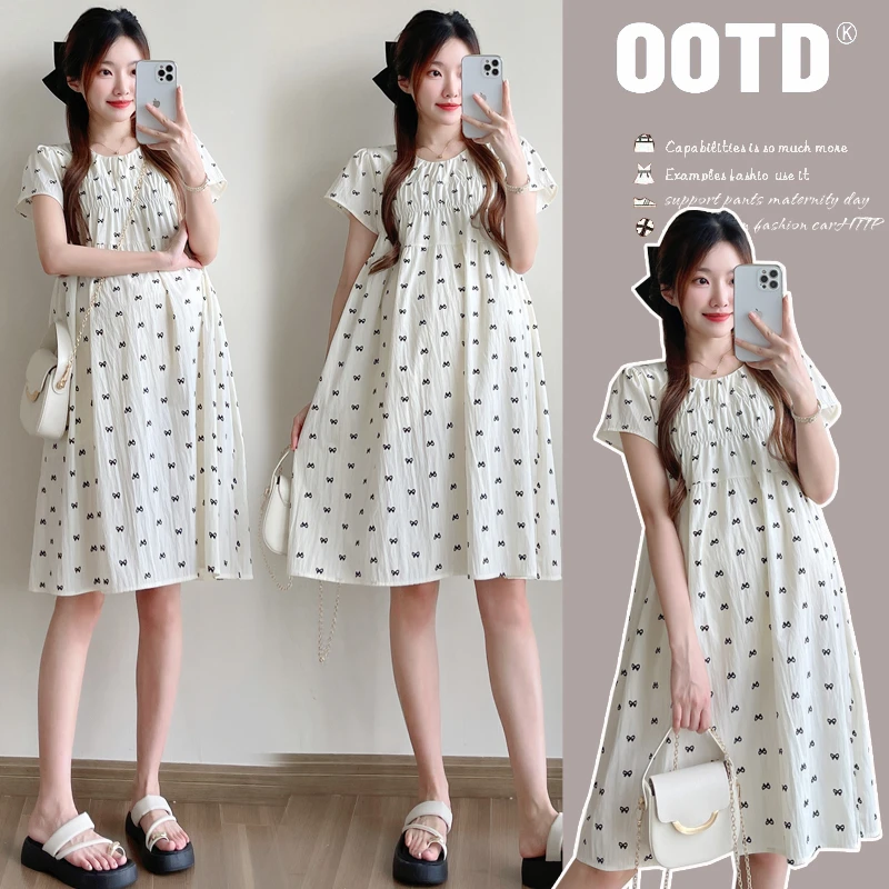 孕妇装夏季时尚辣妈短袖印花连衣裙宽减龄小清新圆领中长裙子夏天