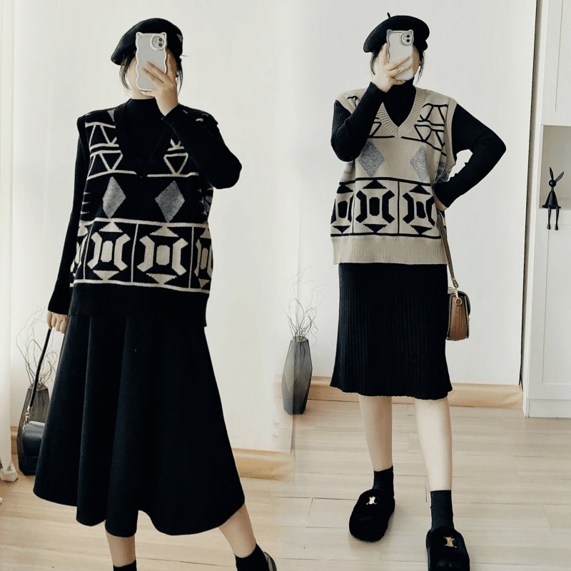 秋冬季新款叠穿复古拼色孕妇装针织套头背心马甲女孕妇打底裙968