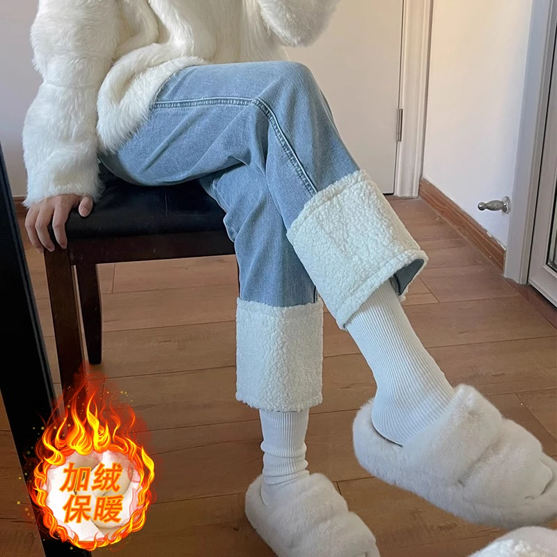 孕妇时尚减龄弹力加绒加厚羊羔毛孕妇牛仔九分裤休闲洋气外穿保暖