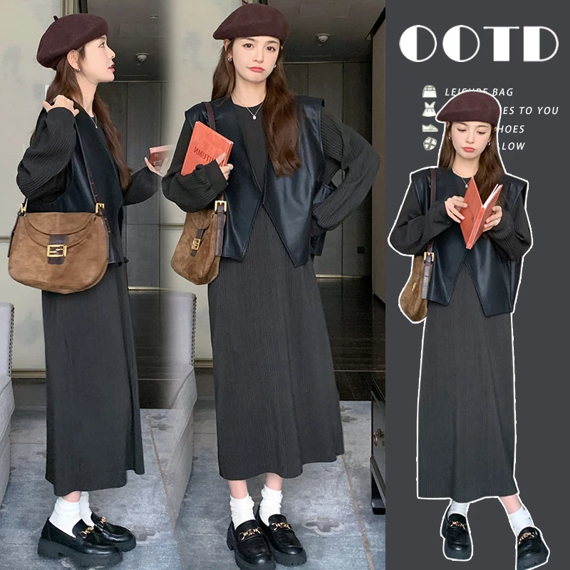 秋季新款简约设计感小众皮马甲+轻奢卫衣连衣裙孕妇两件套黑色女