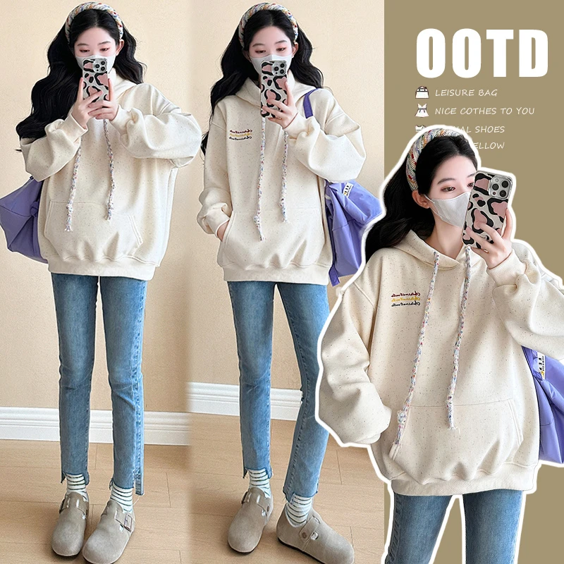秋冬款新款加绒连帽宽松刺绣卫衣孕妇上衣百搭休闲外穿长袖春秋款