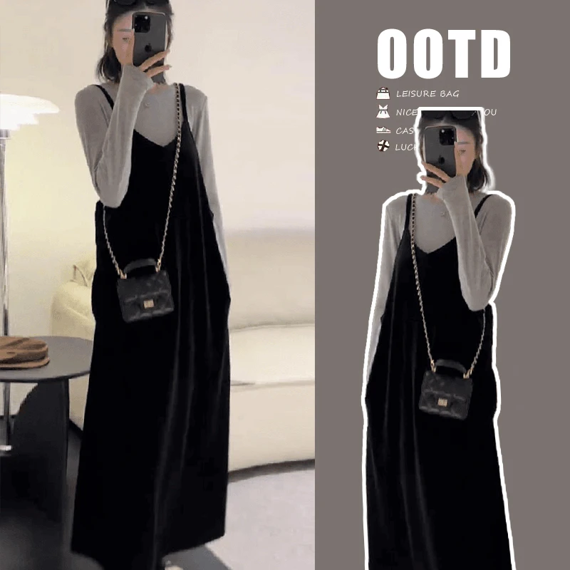 秋装时尚网红款孕妇针织上衣+丝绒吊带裙两件套潮妈外穿宽松套装