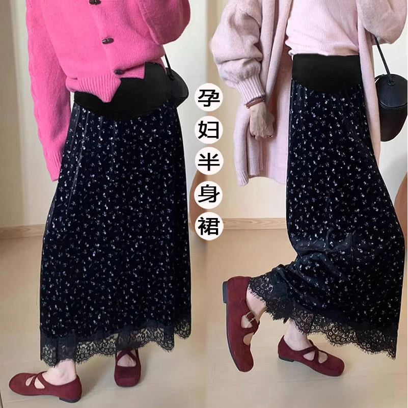 孕妇装春秋季外穿托腹裙碎花丝绒百搭休闲显瘦孕妇半身裙A字裙子