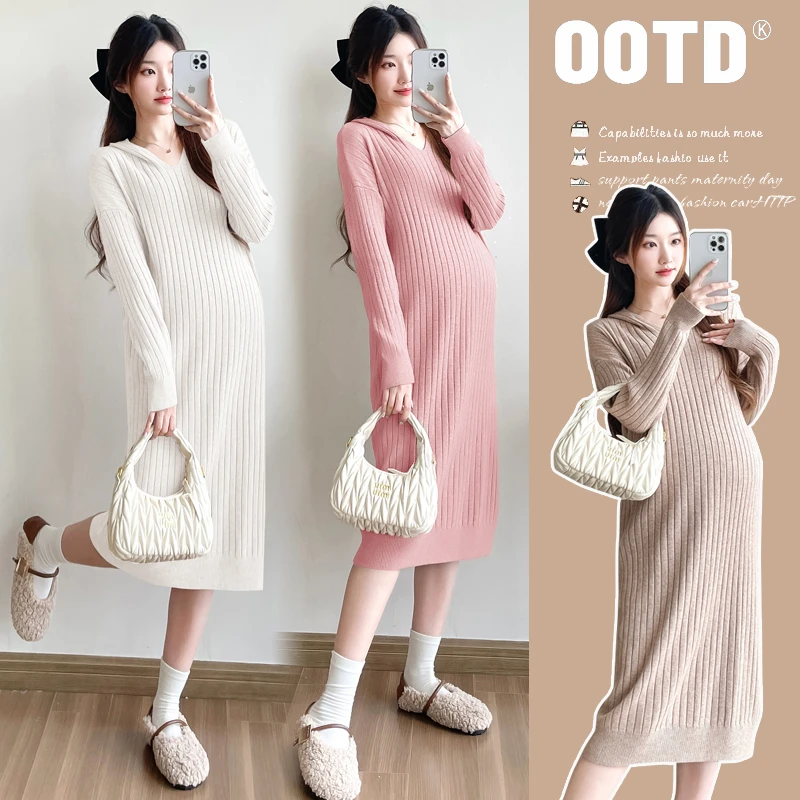 2024新款孕妇针织毛衣连帽宽松显瘦长款过膝打底连衣裙辣妈休闲女