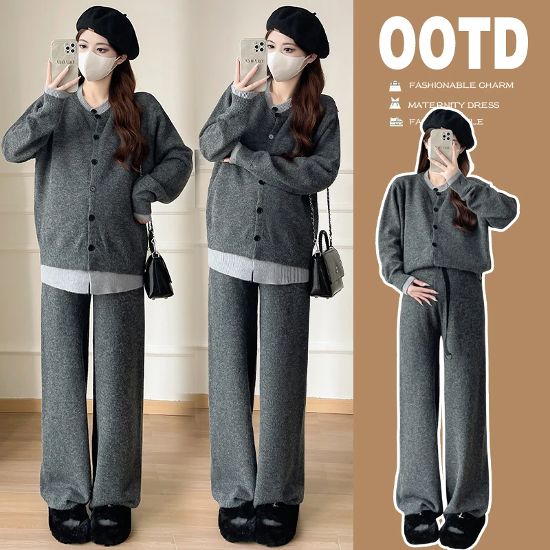 孕妇春秋季慵懒风简约撞色拼接假两件阔腿针织裤套装外穿宽松上衣