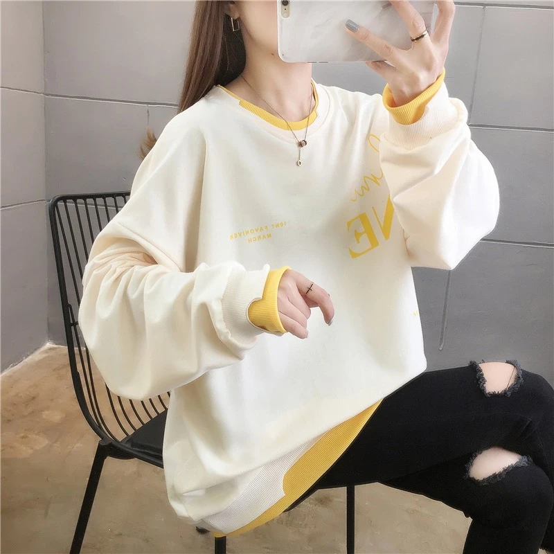 孕妇韩版春秋宽松字母简约卫衣薄款假两件百搭圆领舒适上衣E6305