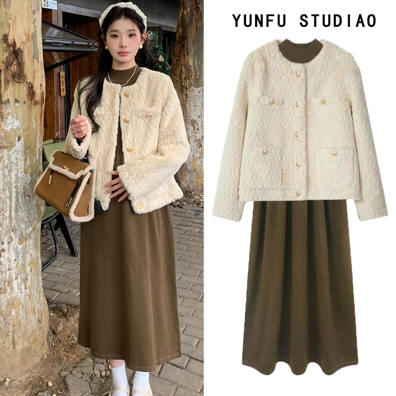 网红孕妇装针织打底连衣裙孕妇裙秋冬+毛绒金属扣外套两件套3152