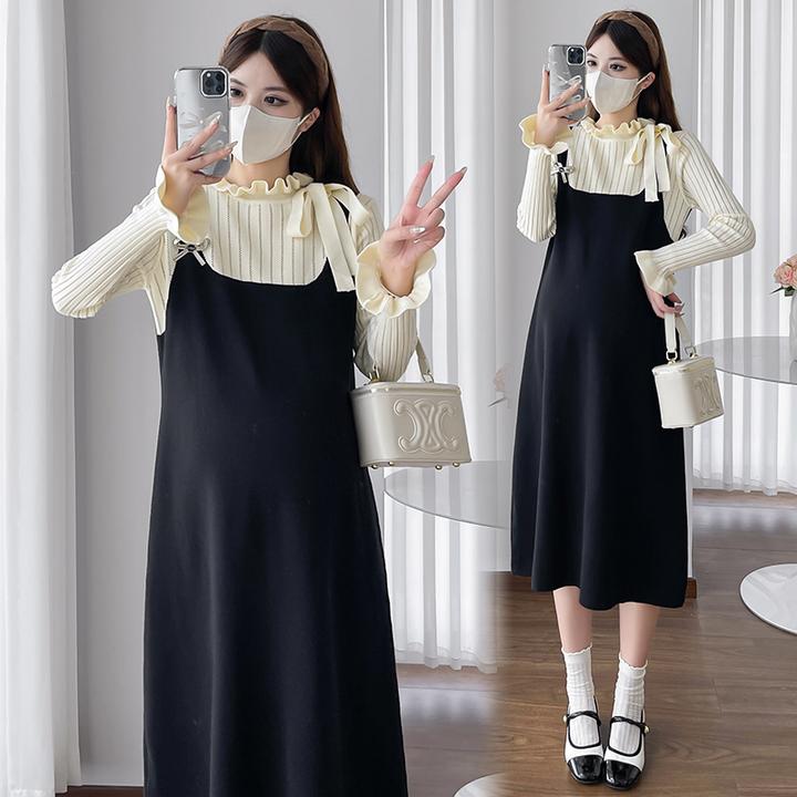 2024小香风假两件孕妇连衣裙孕妈显瘦秋冬外穿孕期裙子针织打底裙