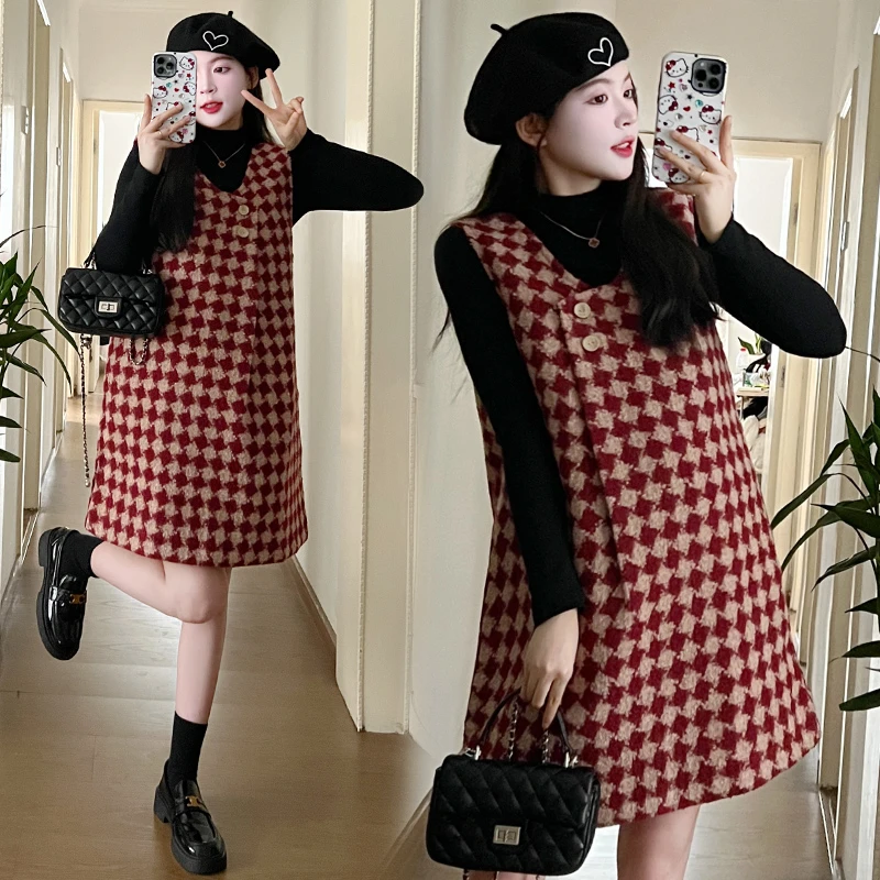 小个子孕妇装小香风加厚毛呢孕妇连衣裙格子搭配高领针织打底衫