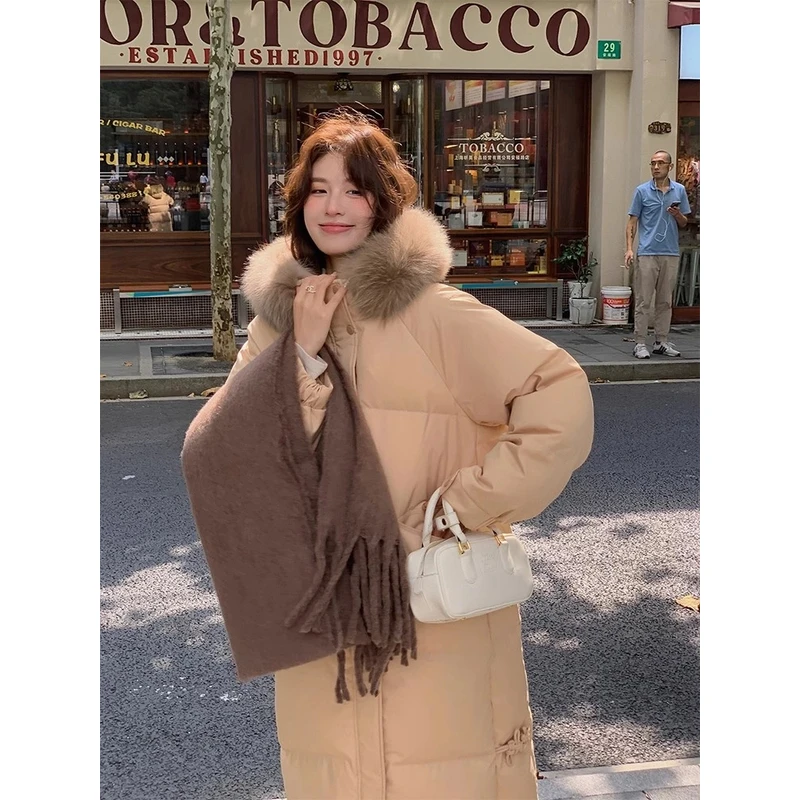 【小鱼专属】反季特价真狐狸毛大毛领羽绒服女中长款新中式连帽外套