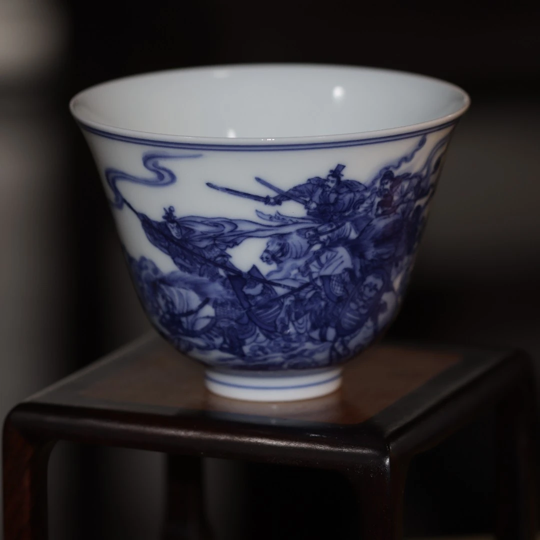 甄一怀古 三英战吕布茶杯 康熙风 青花瓷  景德镇纯手工手绘陶瓷