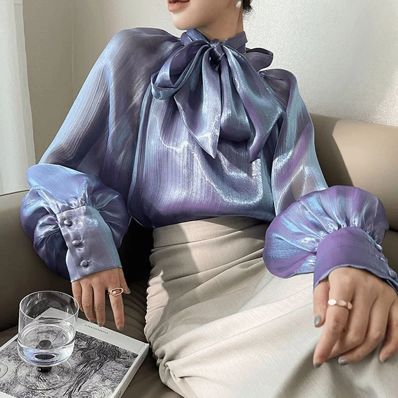 网纱蝴蝶结衬衣女春秋新款气质上衣时尚轻熟亮丝长袖衬衫