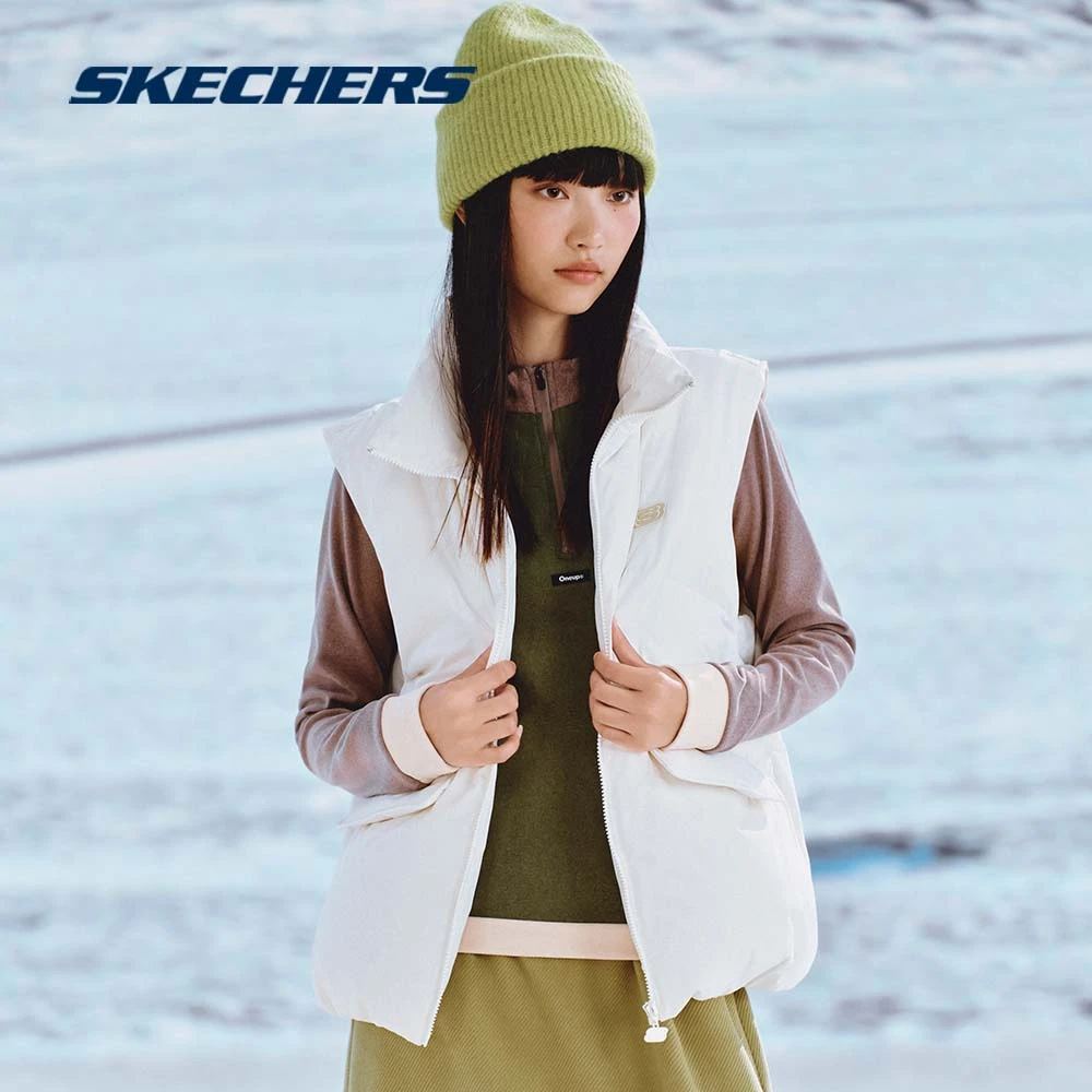 斯凯奇官方女款加厚防泼水防油防污简约百搭梭织羽绒背心L424W115