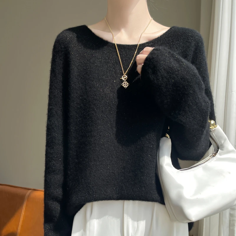 高品质山羊绒衫女薄款山羊绒+桑蚕丝长袖圆领纯色时尚百搭