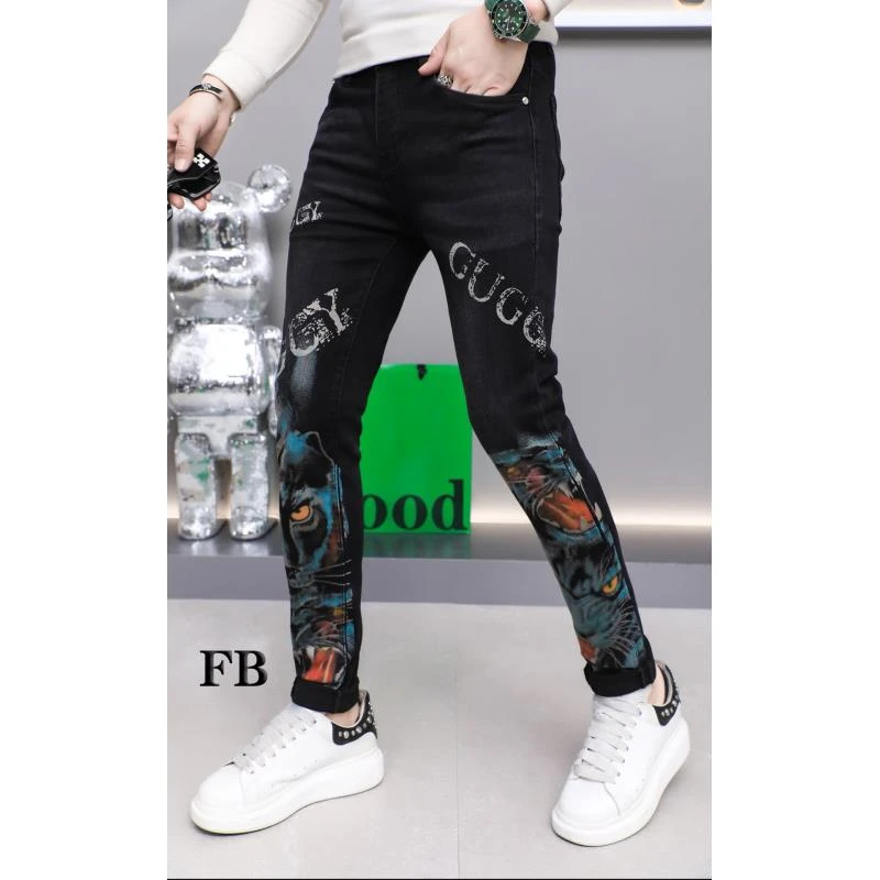 秋季新款时尚男士欧版修身印花牛仔裤9126